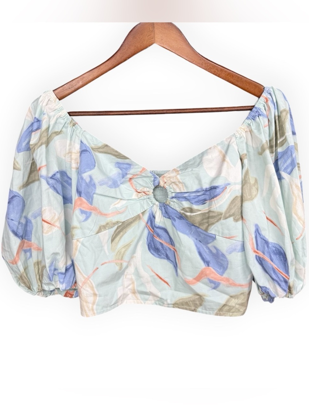 Abercrombie Fitch Poplin O Ring Puff Sleeve Pastel Floral Cottagecore Crop Top S